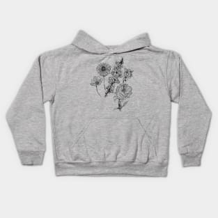 Flower Sketch Illustration - Gerbera, Snapdragon, Rose, Plum Blossom, Cosmos Kids Hoodie